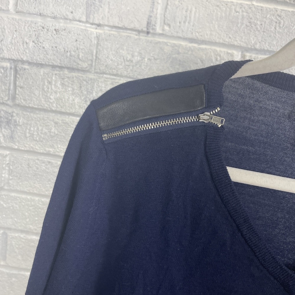 The Kooples Merino Wool Navy V Neck Sweater Womens Size L Leather Details - Picture 5 of 9